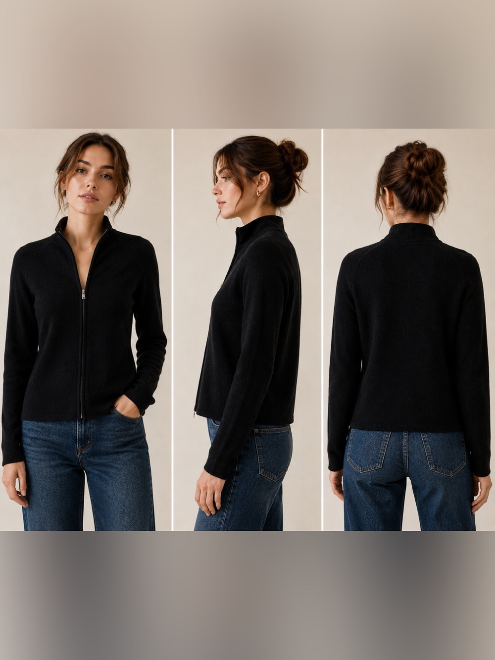 Grace Women’s Black 100% Cashmere Knit Full Zip Mock Neck Cardigan Sweater XS